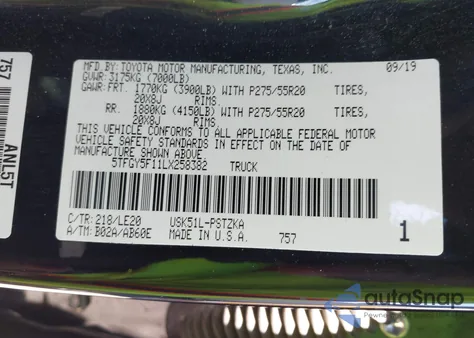 2020 Toyota Tundra Platinum z USA, uszkodzony, nr VIN 5TFGY5F11LX258382